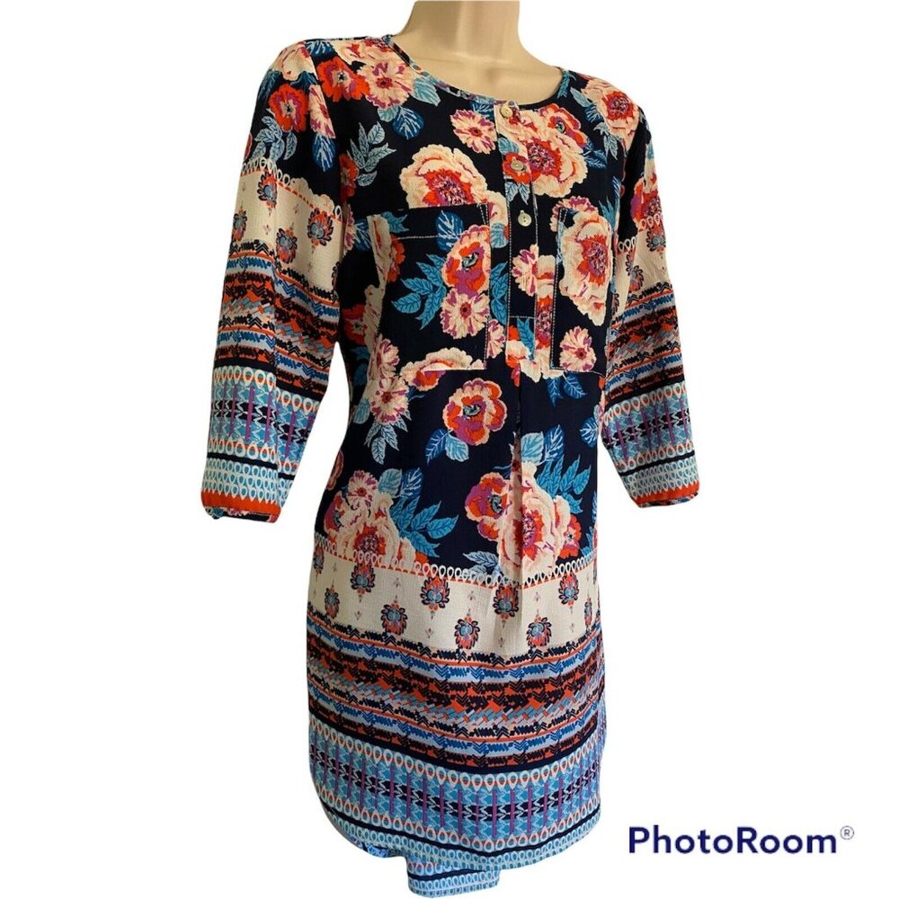 Fig Flower Small 1/4 Button Down Dress Floral Print Polyester 3/4 sleeve - Picture 2 of 9